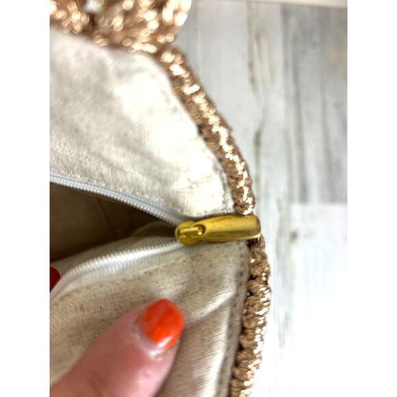 Lulus Women’s Sunny Glitter Gold Woven Crochet Linen Shoulder Tote Bag Zip NEW - Picture 7 of 8